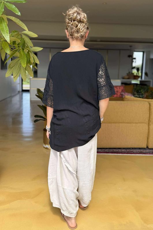 Made in Italy Love Shack Boho Smock Top Black 
